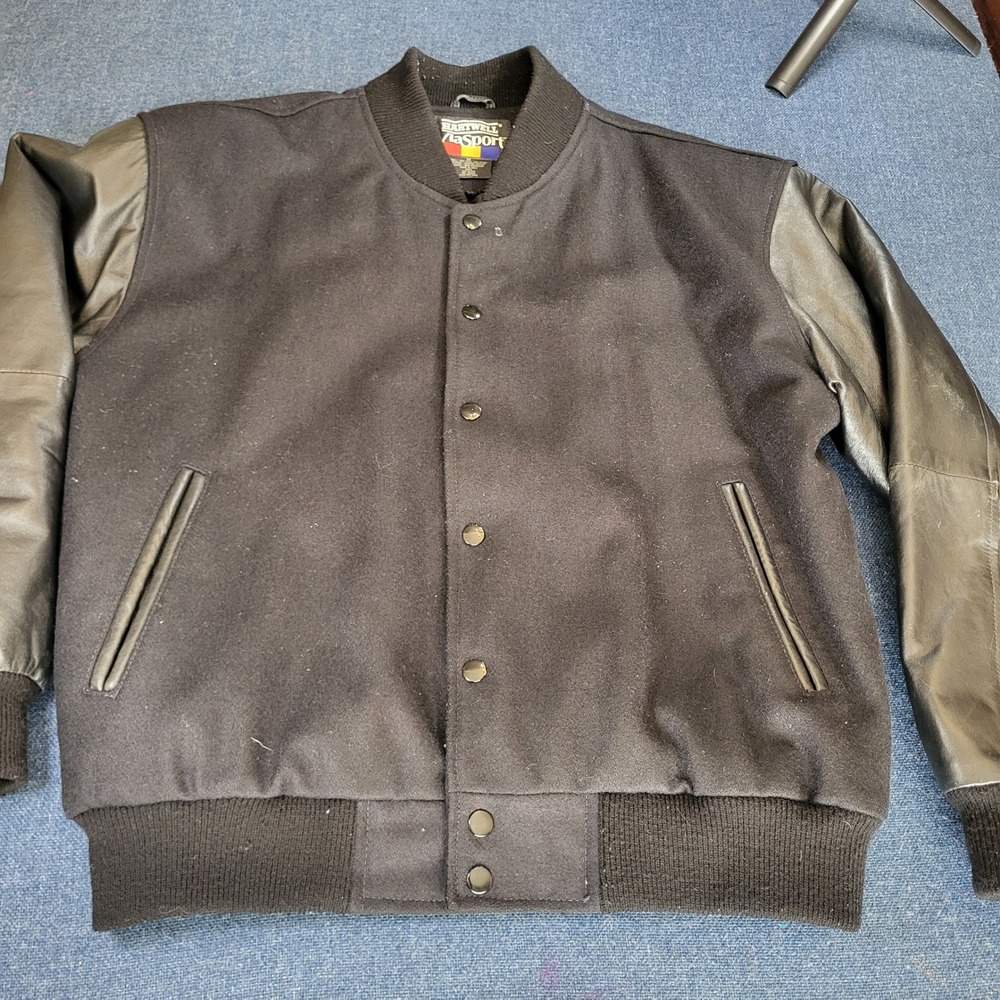 Hartwell ViaSport Mens Black Wool Varsity Jacket Genuine Leather Sleeves Sz M